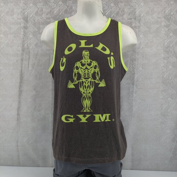 Gold's Gym Tank Top Mens Large Gray Neon Yellow Muscle Graphic Made USA Workout - Picture 1 of 9